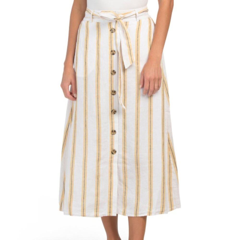 Cynthia Rowley Women's Midi Skirt Linen Yellow White Striped Print Size S